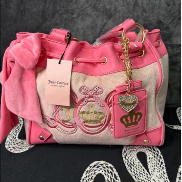 Juicy Couture Pink Velour Tote Bag NWT Crown Crest Bow Charm Velour Leather